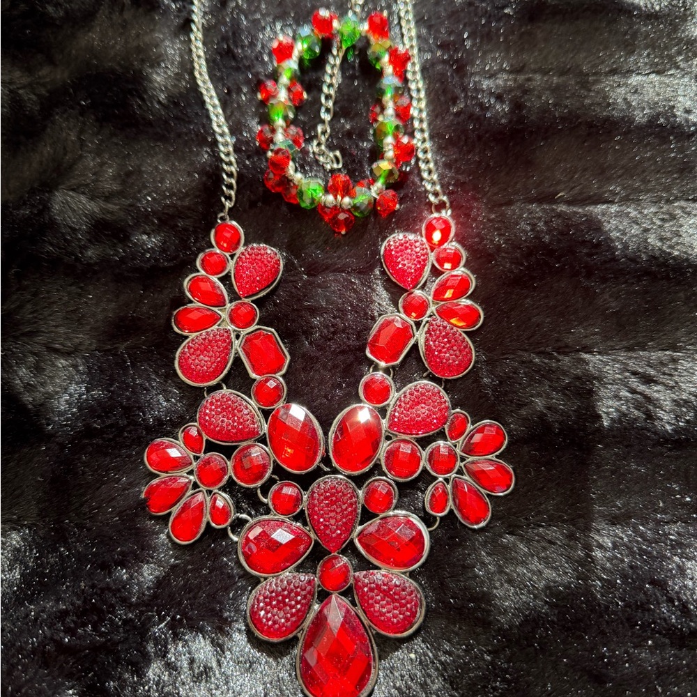 Vibrant Red Floral Statement Necklace with a Red & Green Bracelet